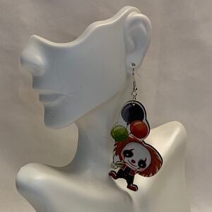 NWT! Creepy Wooden Clown with Colorful Balloons Dangle Earrings!